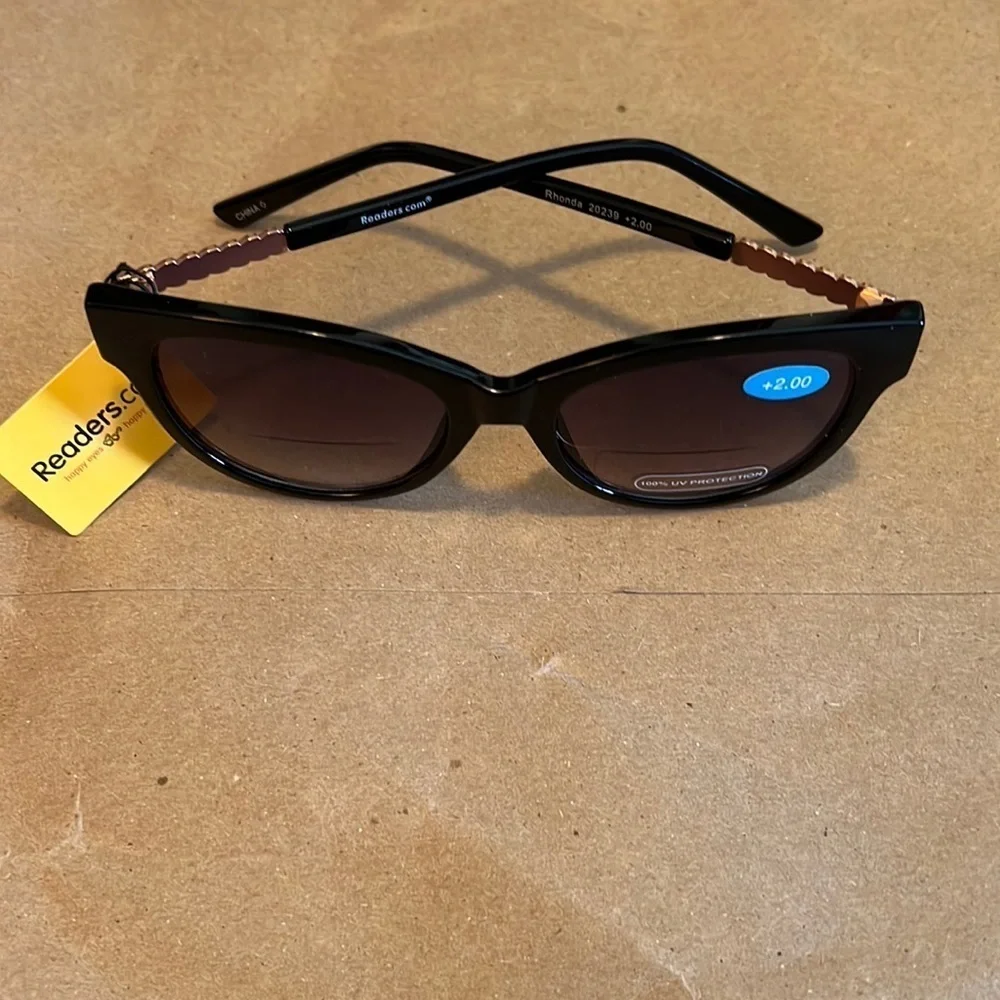 Readers.com bifocal sunglasses. 2.00. Black with rose gold accents.
